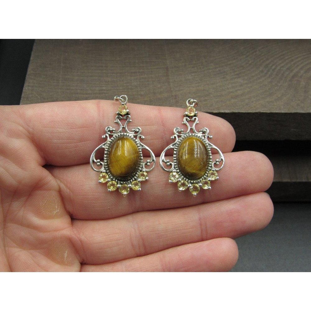 Sterling Silver Tiger's Eye Stone With Citrine Gem Accents Earrings